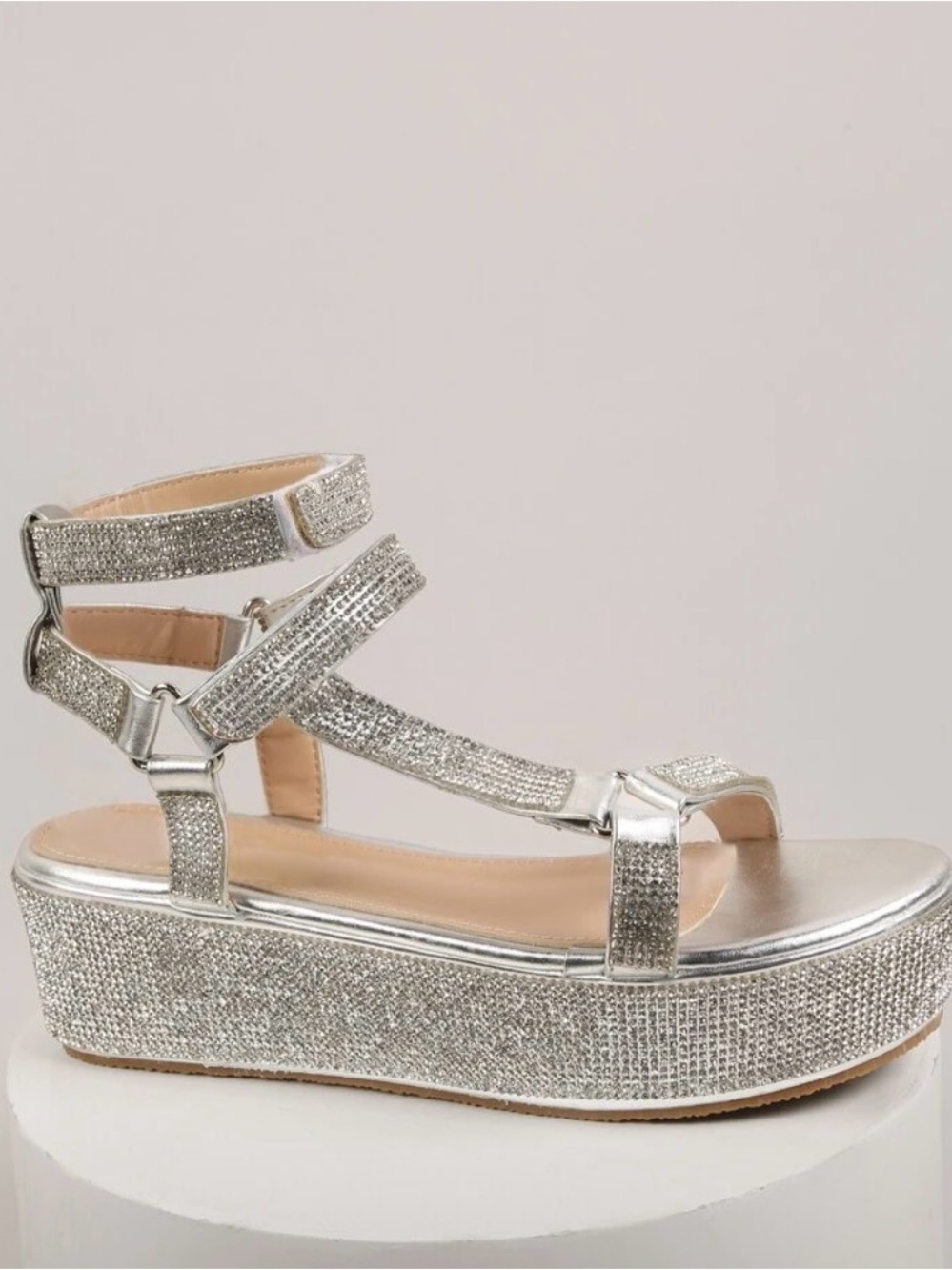 Pazzle Silver Rhinestone Platform Sandals - Women's Sparkle Strappy Sandals SZ10